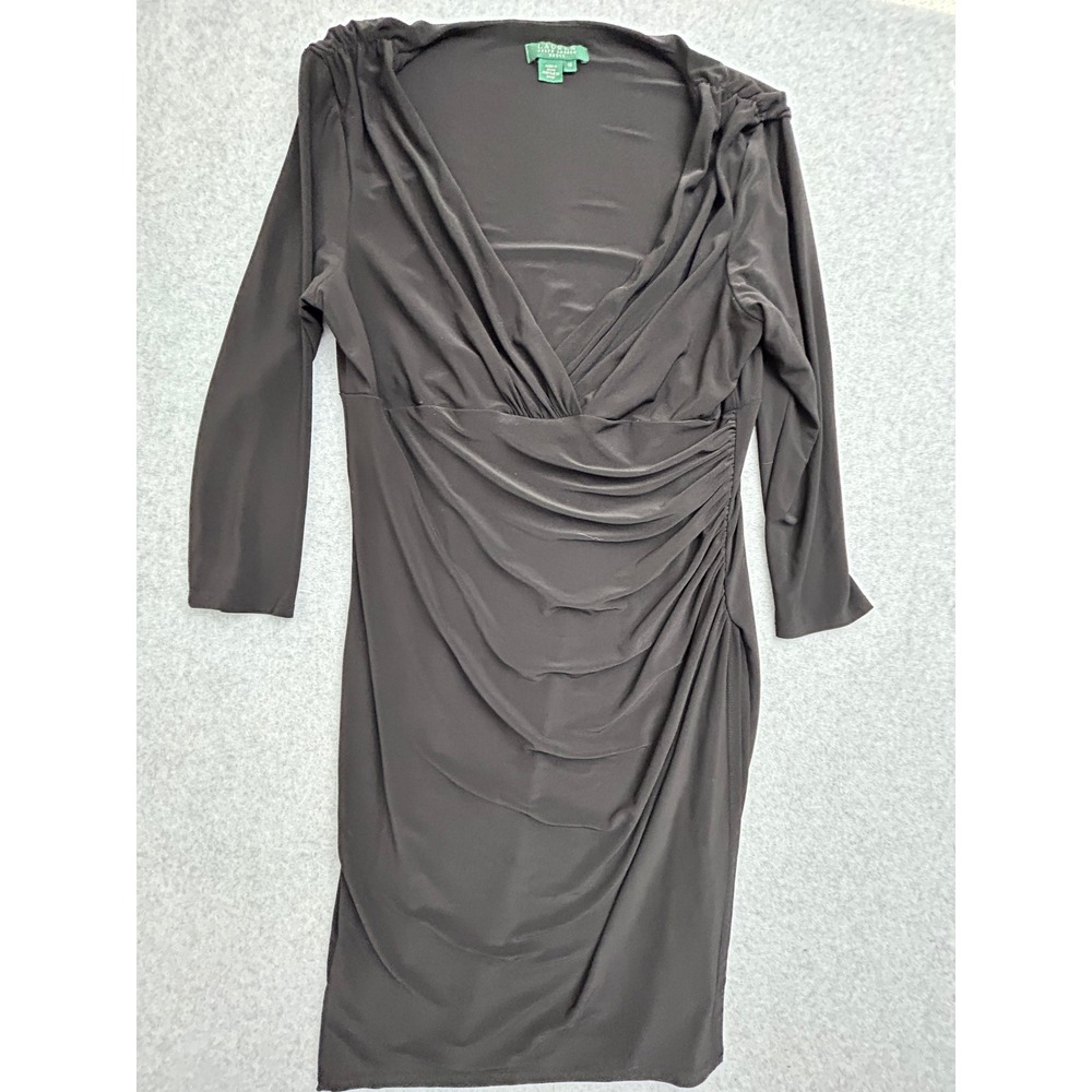 Lauren Ralph Lauren Black Ruched V-Neck Long Sleeve Sheath Dress Size 16